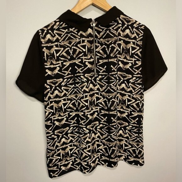 Le Lis Anthropologie Geometric Collared Short Sleeve Blouse Black Women’s Medium - Picture 2 of 4